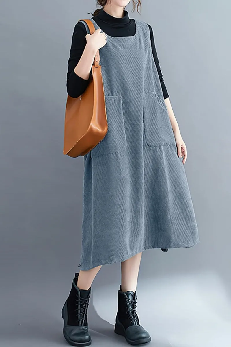 Chouyatou Women Fall Winter Sleeveless Corduroy Overall Dress Jumper Midi Babydoll Tank Dress with Pocket