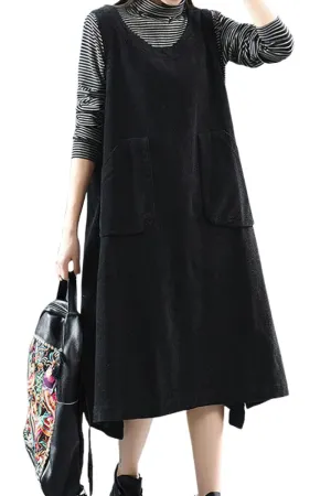 Chouyatou Women Fall Winter Sleeveless Corduroy Overall Dress Jumper Midi Babydoll Tank Dress with Pocket