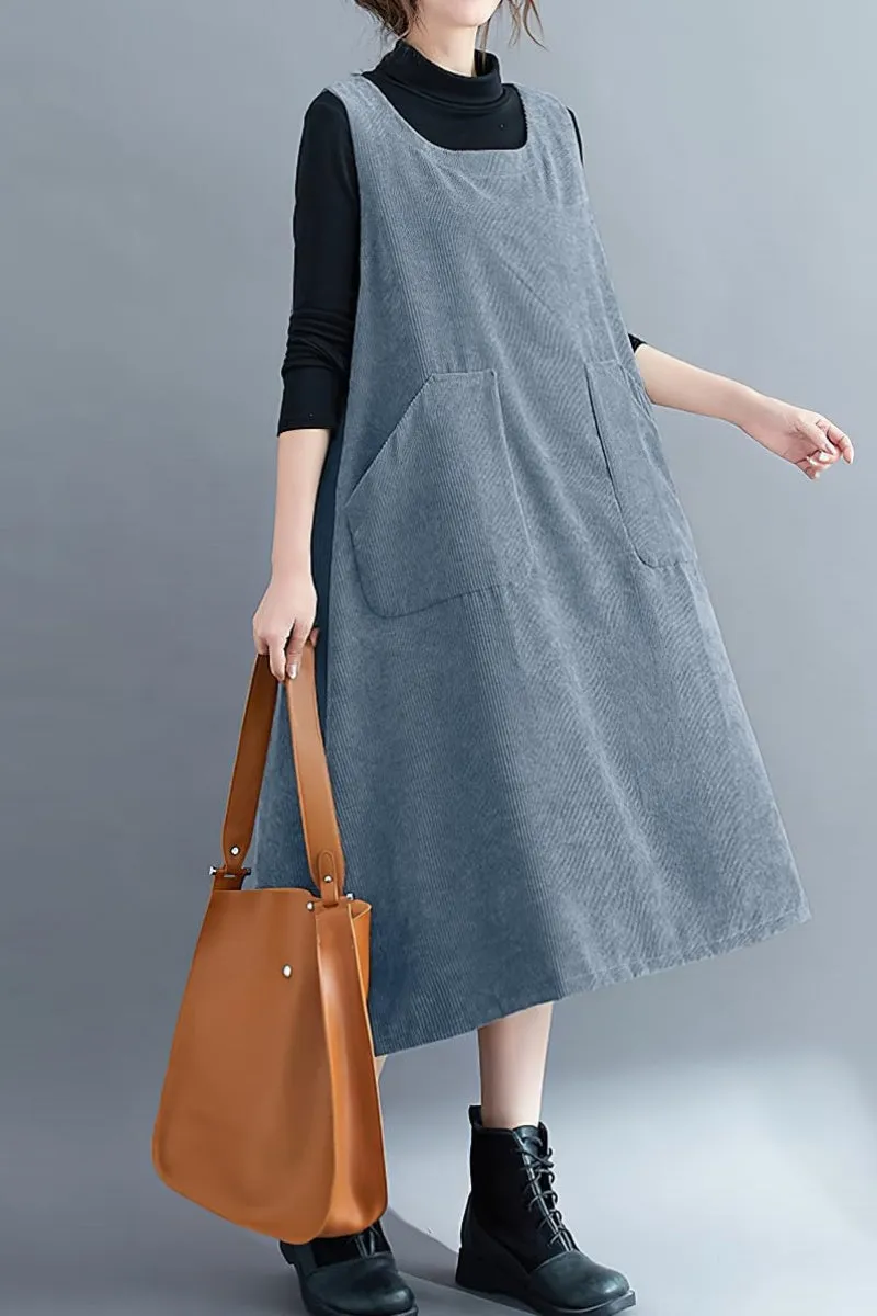 Chouyatou Women Fall Winter Sleeveless Corduroy Overall Dress Jumper Midi Babydoll Tank Dress with Pocket