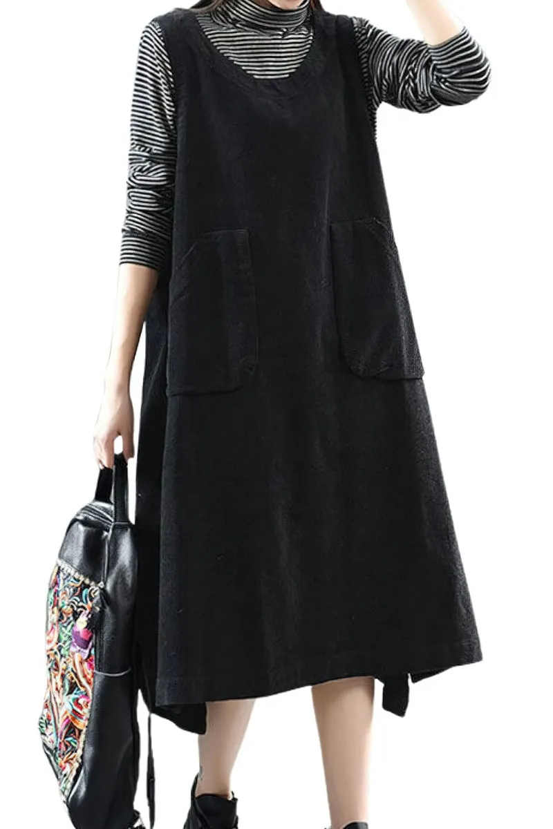 Chouyatou Women Fall Winter Sleeveless Corduroy Overall Dress Jumper Midi Babydoll Tank Dress with Pocket