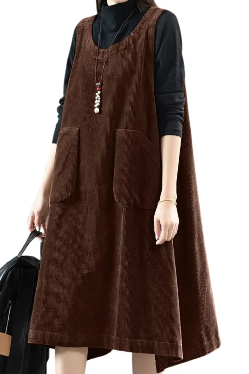 Chouyatou Women Fall Winter Sleeveless Corduroy Overall Dress Jumper Midi Babydoll Tank Dress with Pocket