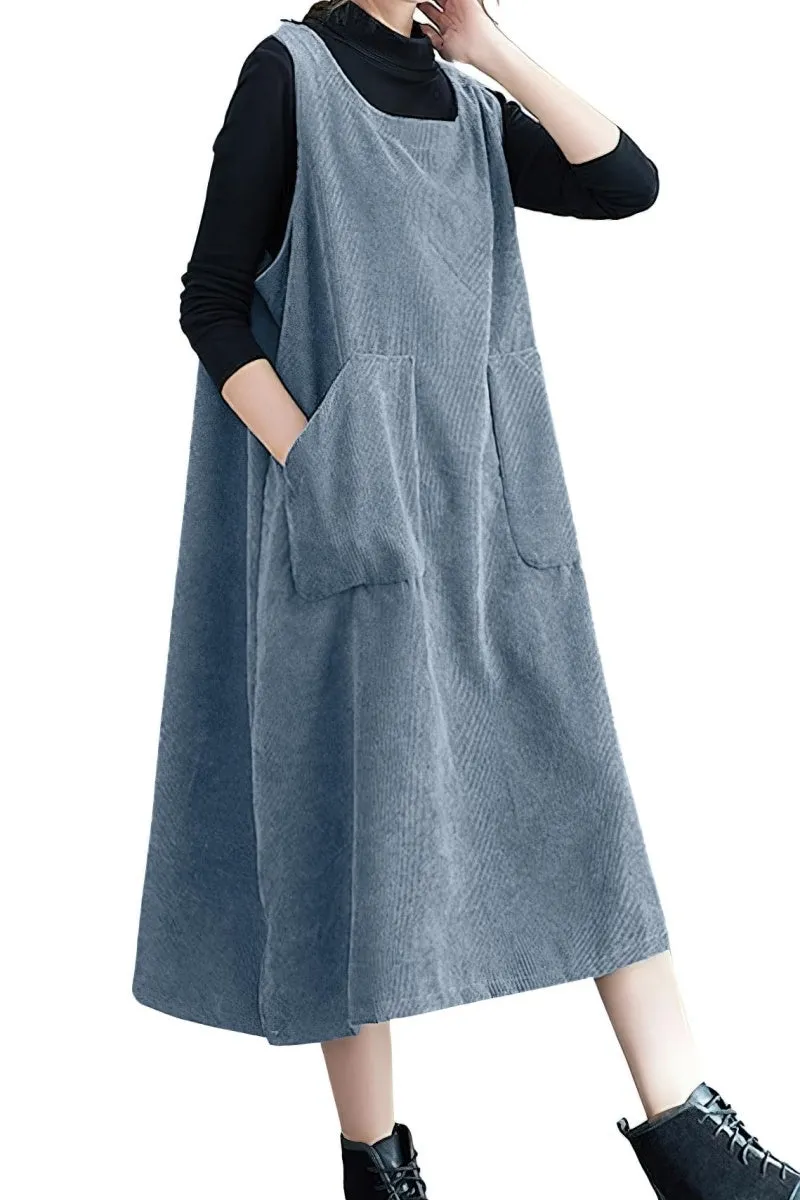 Chouyatou Women Fall Winter Sleeveless Corduroy Overall Dress Jumper Midi Babydoll Tank Dress with Pocket