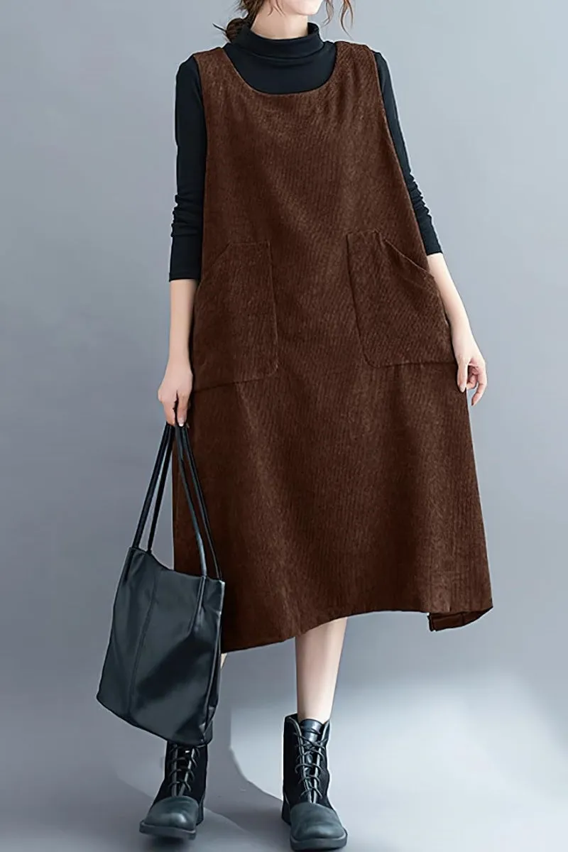 Chouyatou Women Fall Winter Sleeveless Corduroy Overall Dress Jumper Midi Babydoll Tank Dress with Pocket