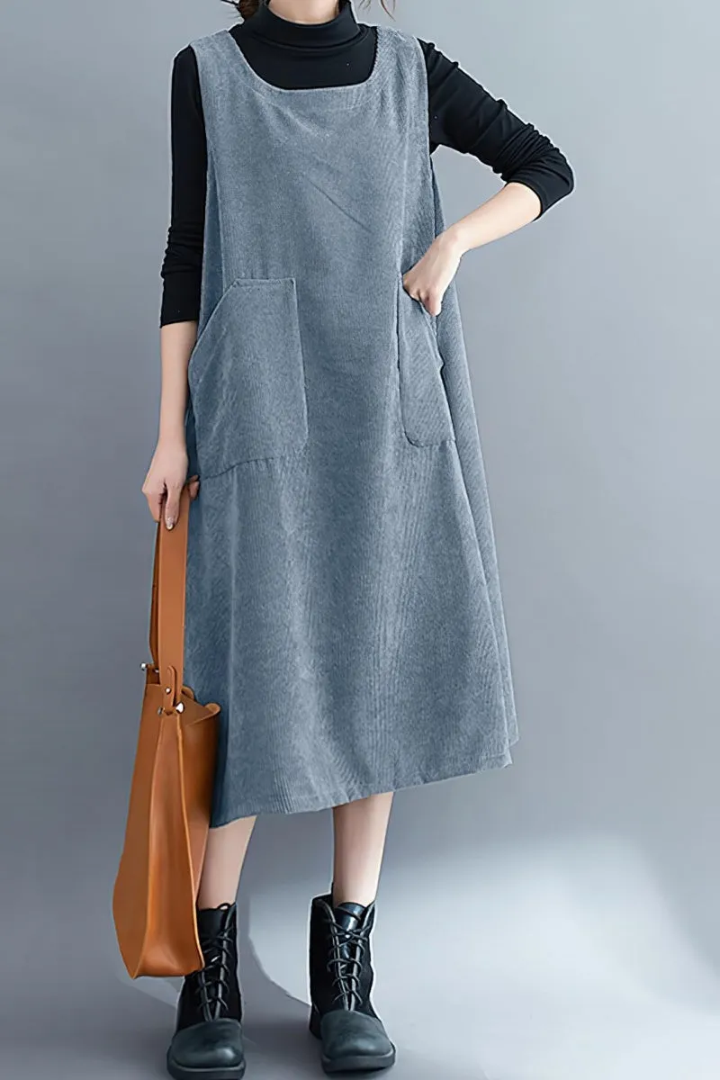 Chouyatou Women Fall Winter Sleeveless Corduroy Overall Dress Jumper Midi Babydoll Tank Dress with Pocket