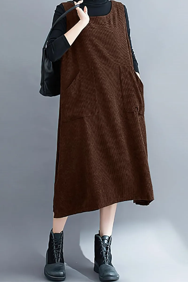 Chouyatou Women Fall Winter Sleeveless Corduroy Overall Dress Jumper Midi Babydoll Tank Dress with Pocket