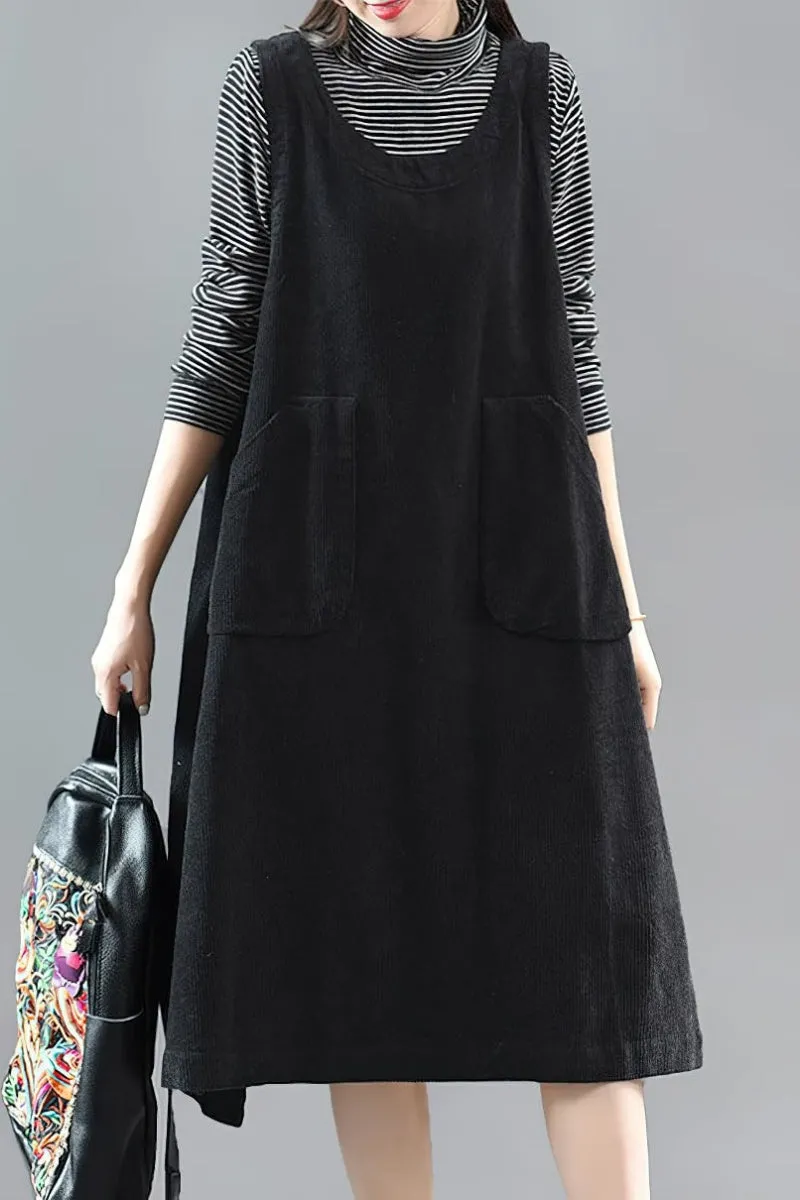 Chouyatou Women Fall Winter Sleeveless Corduroy Overall Dress Jumper Midi Babydoll Tank Dress with Pocket