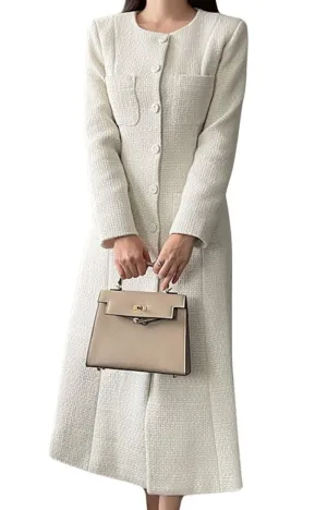 Chouyatou Women Tweed Dress Long Sleeve Single Breast Elegant Lady Long Tweed Blazer Dress
