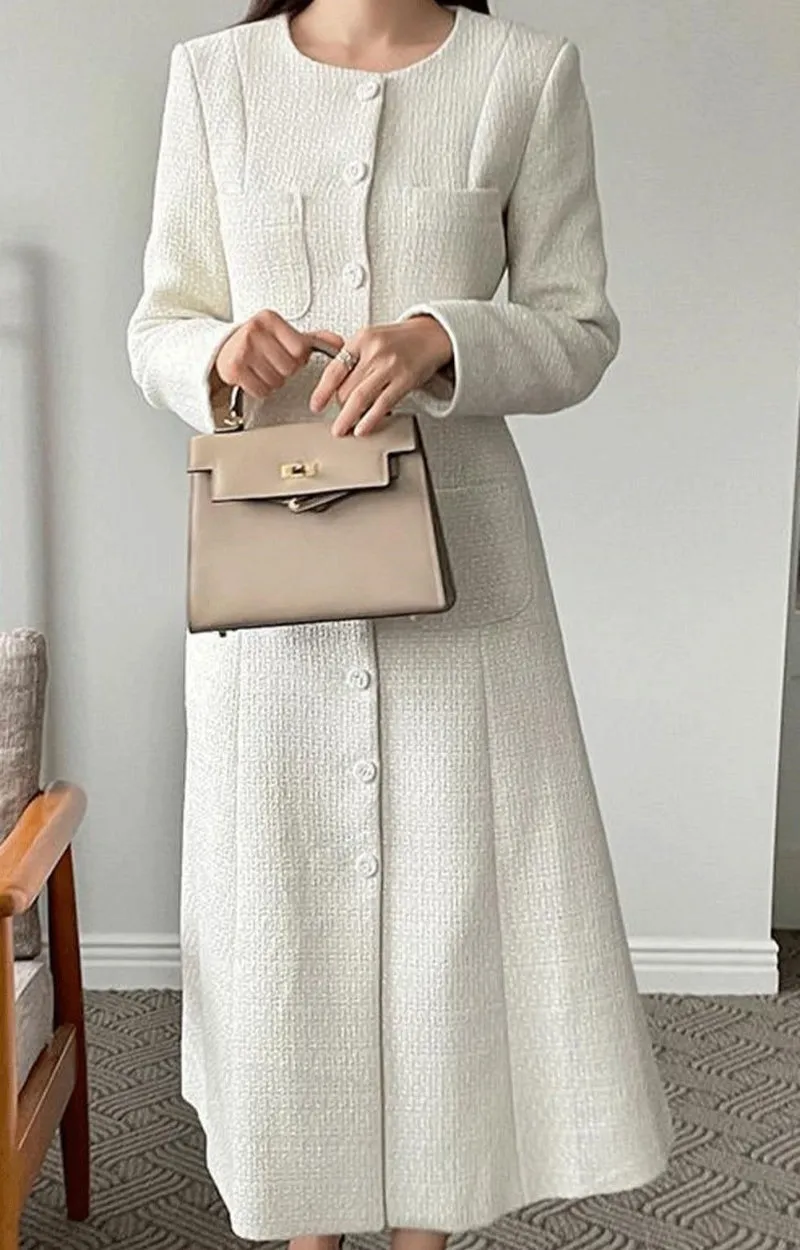Chouyatou Women Tweed Dress Long Sleeve Single Breast Elegant Lady Long Tweed Blazer Dress