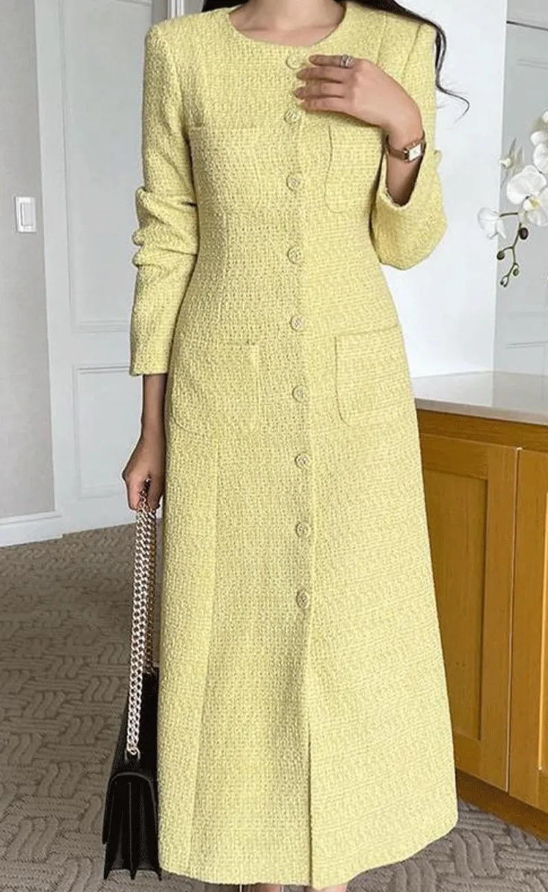 Chouyatou Women Tweed Dress Long Sleeve Single Breast Elegant Lady Long Tweed Blazer Dress