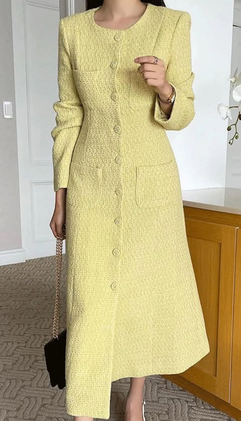 Chouyatou Women Tweed Dress Long Sleeve Single Breast Elegant Lady Long Tweed Blazer Dress