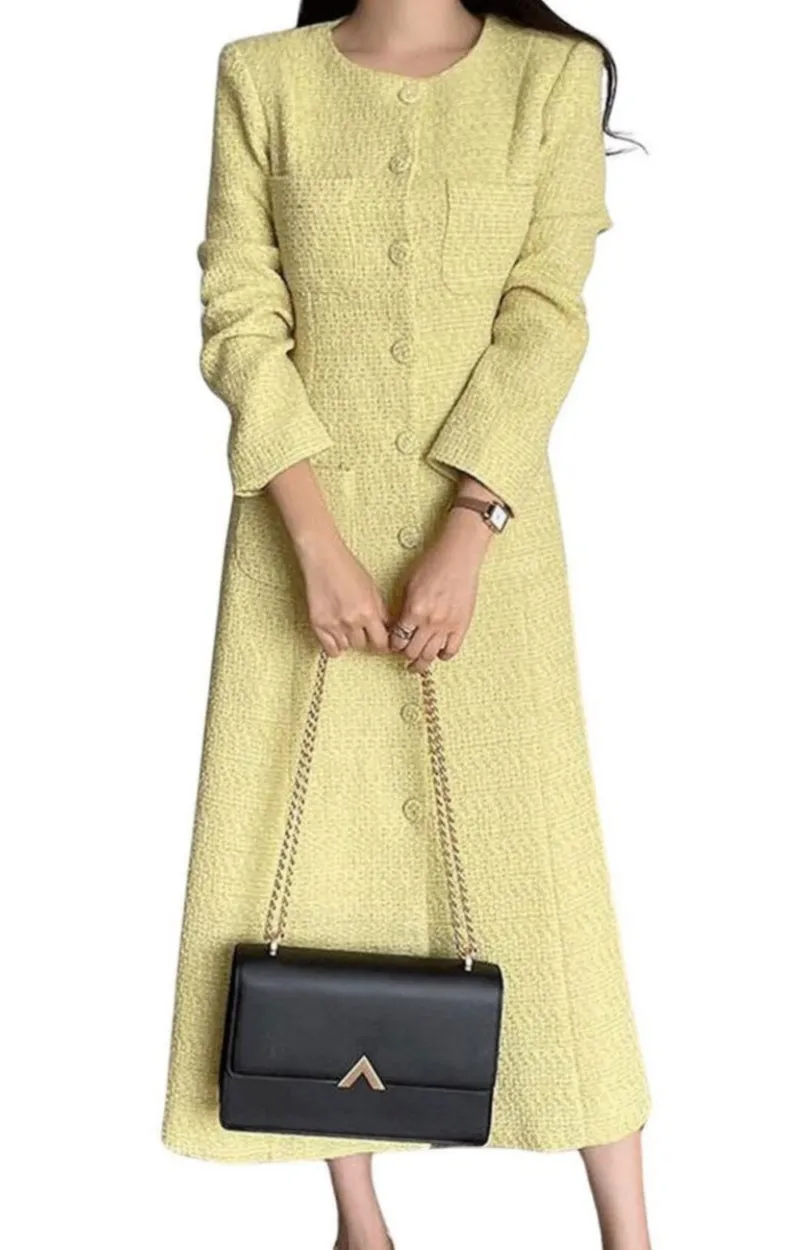 Chouyatou Women Tweed Dress Long Sleeve Single Breast Elegant Lady Long Tweed Blazer Dress