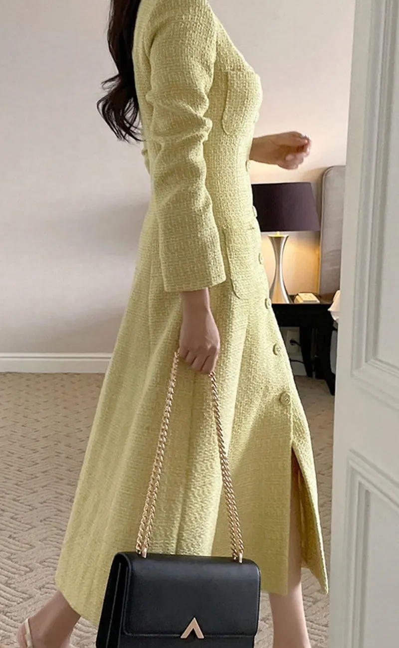 Chouyatou Women Tweed Dress Long Sleeve Single Breast Elegant Lady Long Tweed Blazer Dress