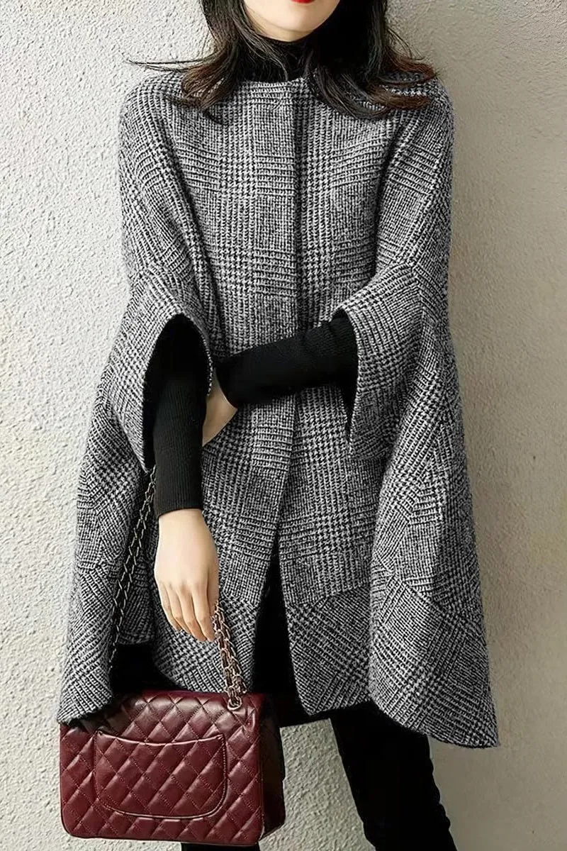 Chouyatou Women's Elegant Plaid Poncho Single Breasted Winter Casual Wool Blend Cape Cloak Coat