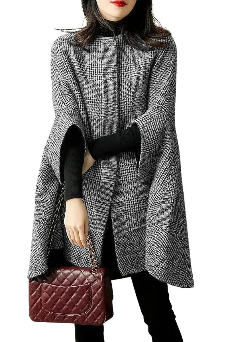 Chouyatou Women's Elegant Plaid Poncho Single Breasted Winter Casual Wool Blend Cape Cloak Coat