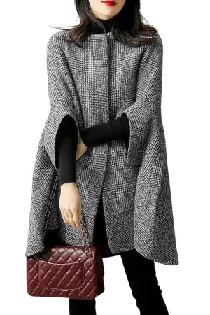 Chouyatou Women's Elegant Plaid Poncho Single Breasted Winter Casual Wool Blend Cape Cloak Coat