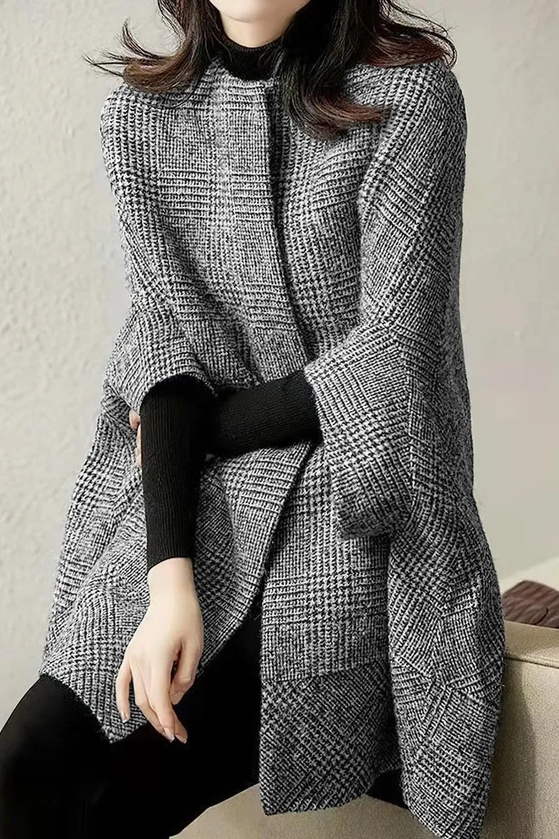 Chouyatou Women's Elegant Plaid Poncho Single Breasted Winter Casual Wool Blend Cape Cloak Coat