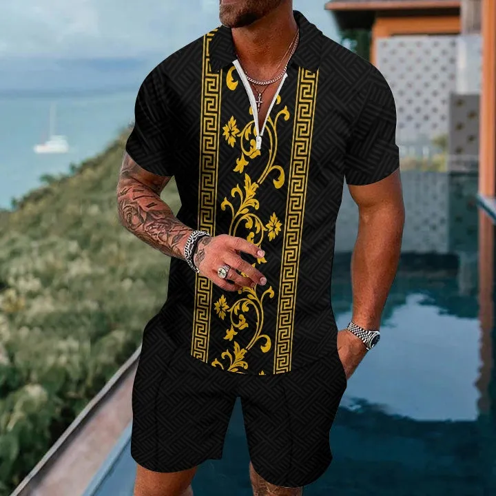 Classic Pattern Short Sleeve Zip Polo Board Shorts Set 2405000689