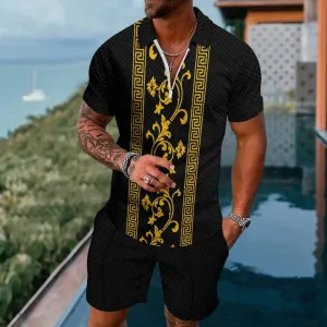 Classic Pattern Short Sleeve Zip Polo Board Shorts Set 2405000689