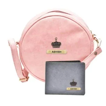 Classy Leather Customized Chained Sling Bag Round   Men's Wallet - Peach Grey
