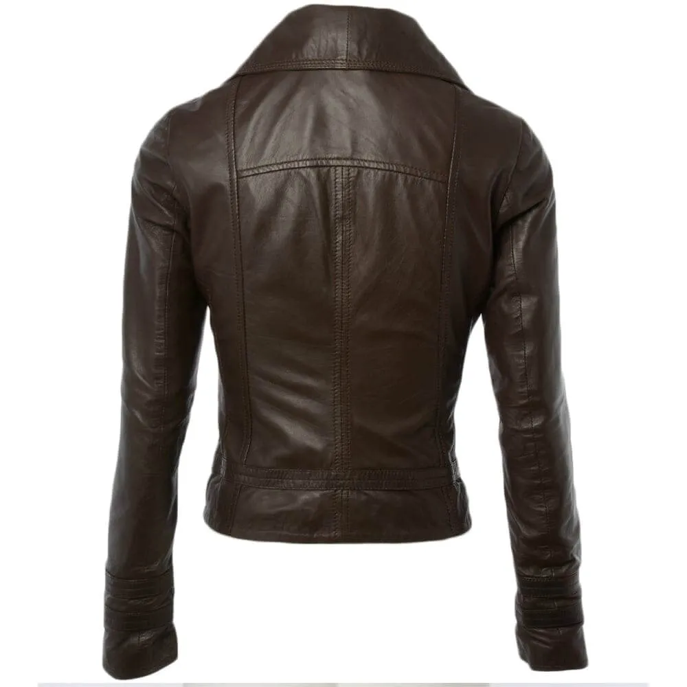 Cropped Fashion Biker Long Collar Slim Fit Brown Real Leather Jacket Womens