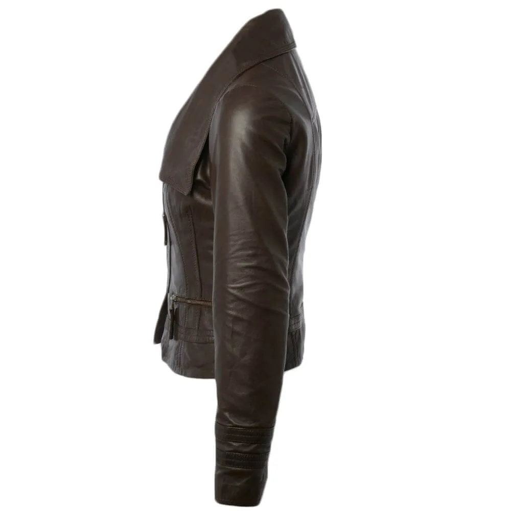 Cropped Fashion Biker Long Collar Slim Fit Brown Real Leather Jacket Womens
