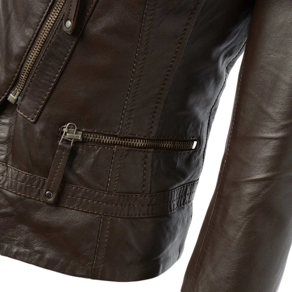 Cropped Fashion Biker Long Collar Slim Fit Brown Real Leather Jacket Womens