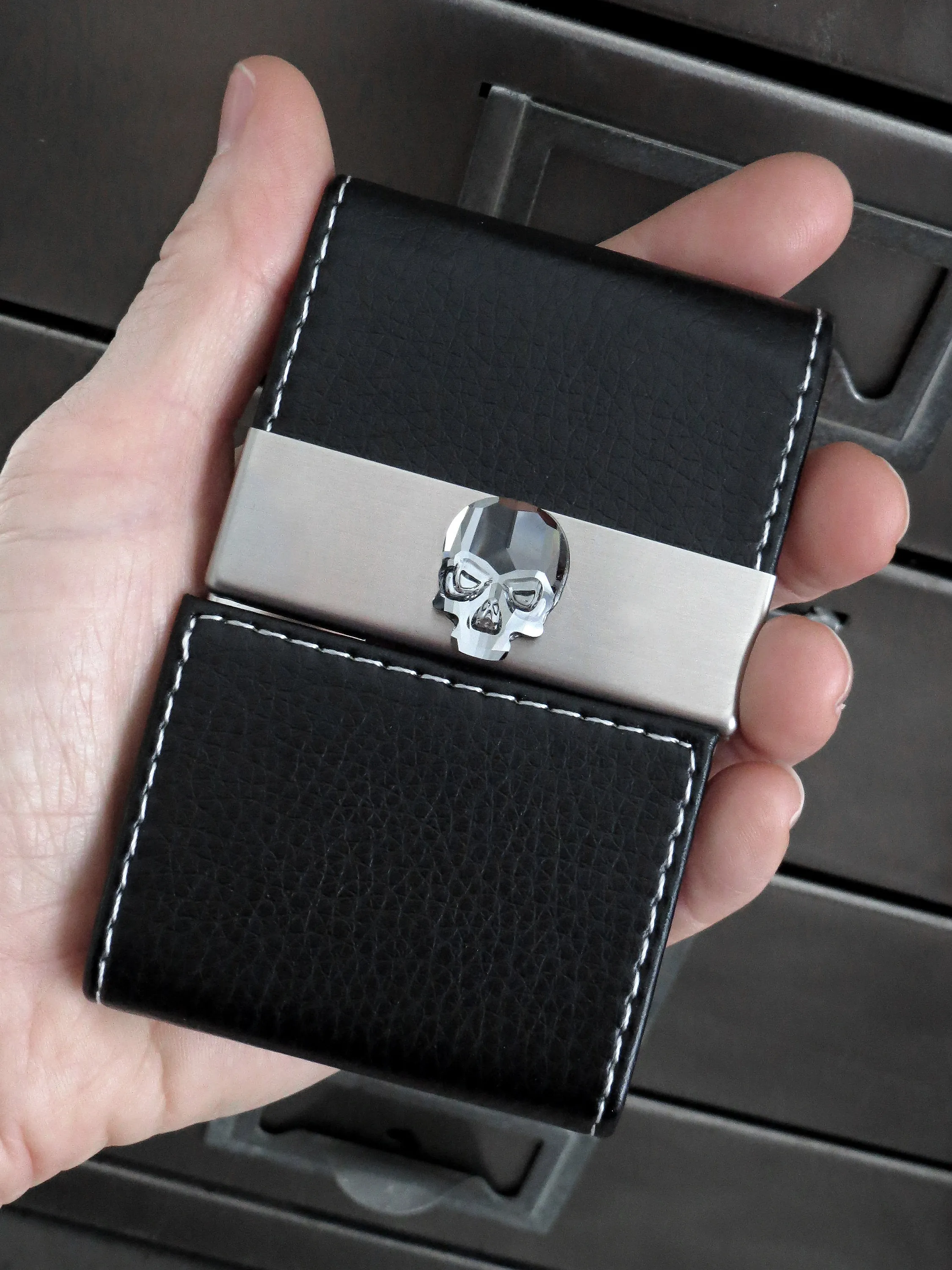 Crystal Skull Business Card Holder - Black Vegan Faux Leather Case