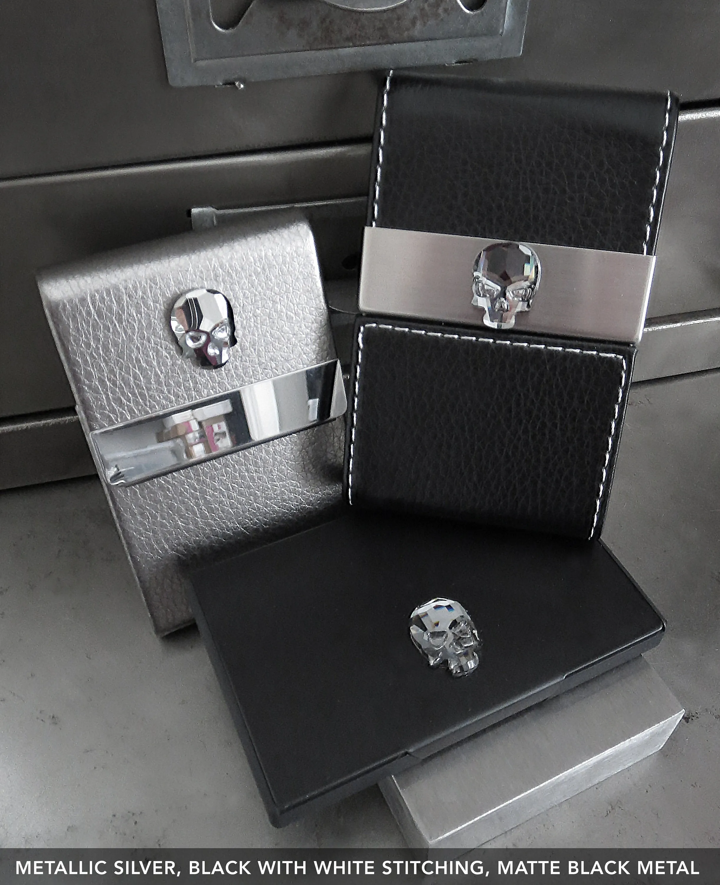 Crystal Skull Business Card Holder - Black Vegan Faux Leather Case