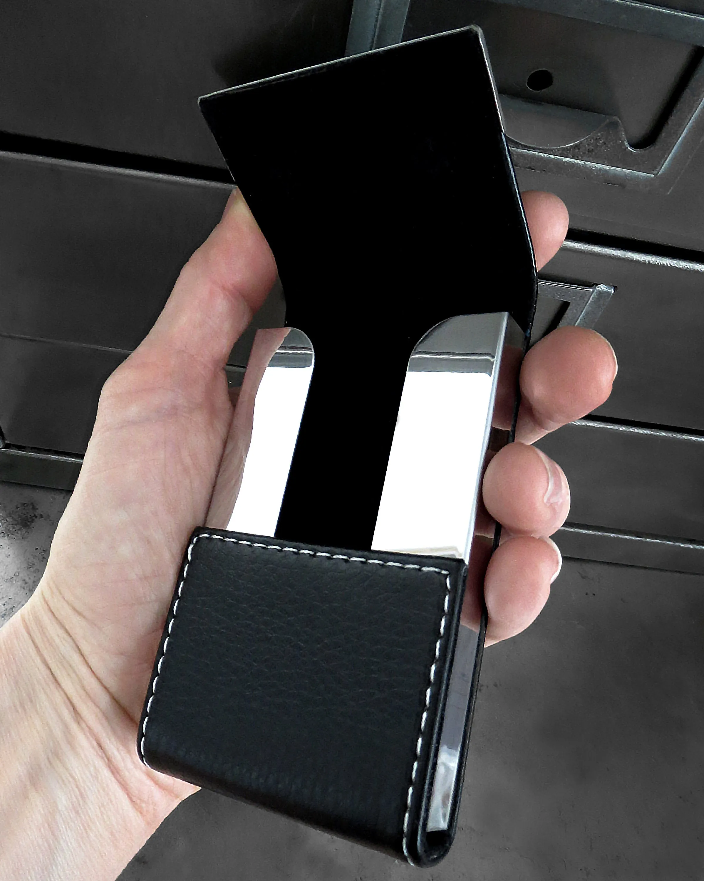Crystal Skull Business Card Holder - Black Vegan Faux Leather Case