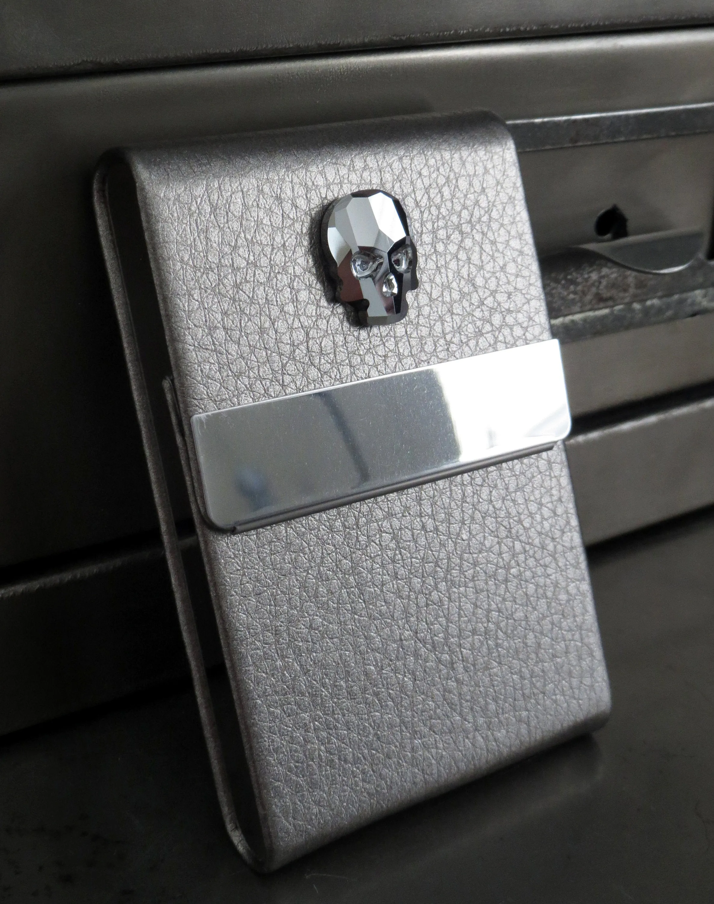 Crystal Skull Business Card Holder - Metallic Silver Vegan Faux Leather