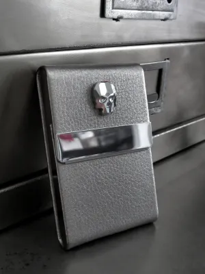 Crystal Skull Business Card Holder - Metallic Silver Vegan Faux Leather