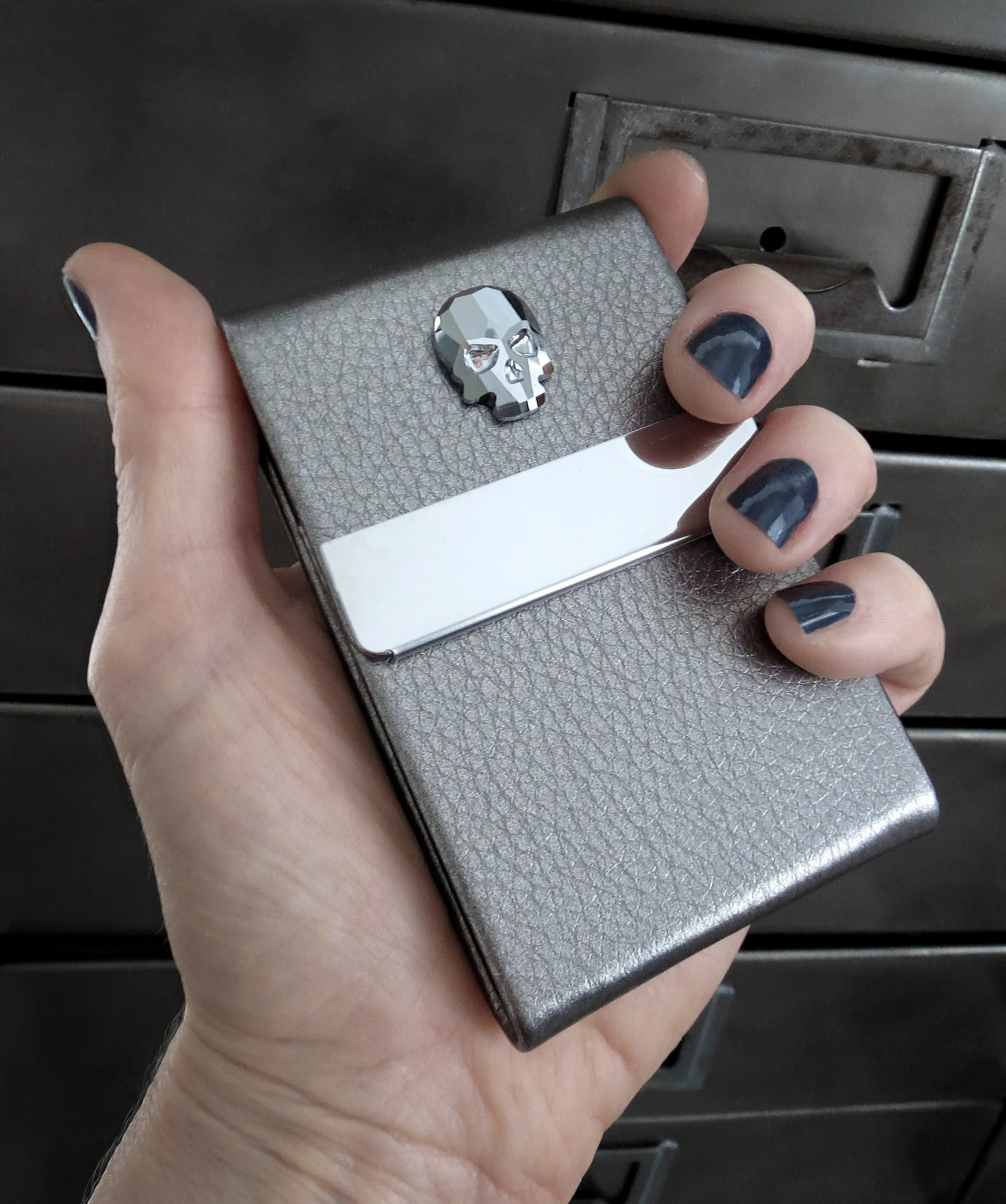 Crystal Skull Business Card Holder - Metallic Silver Vegan Faux Leather