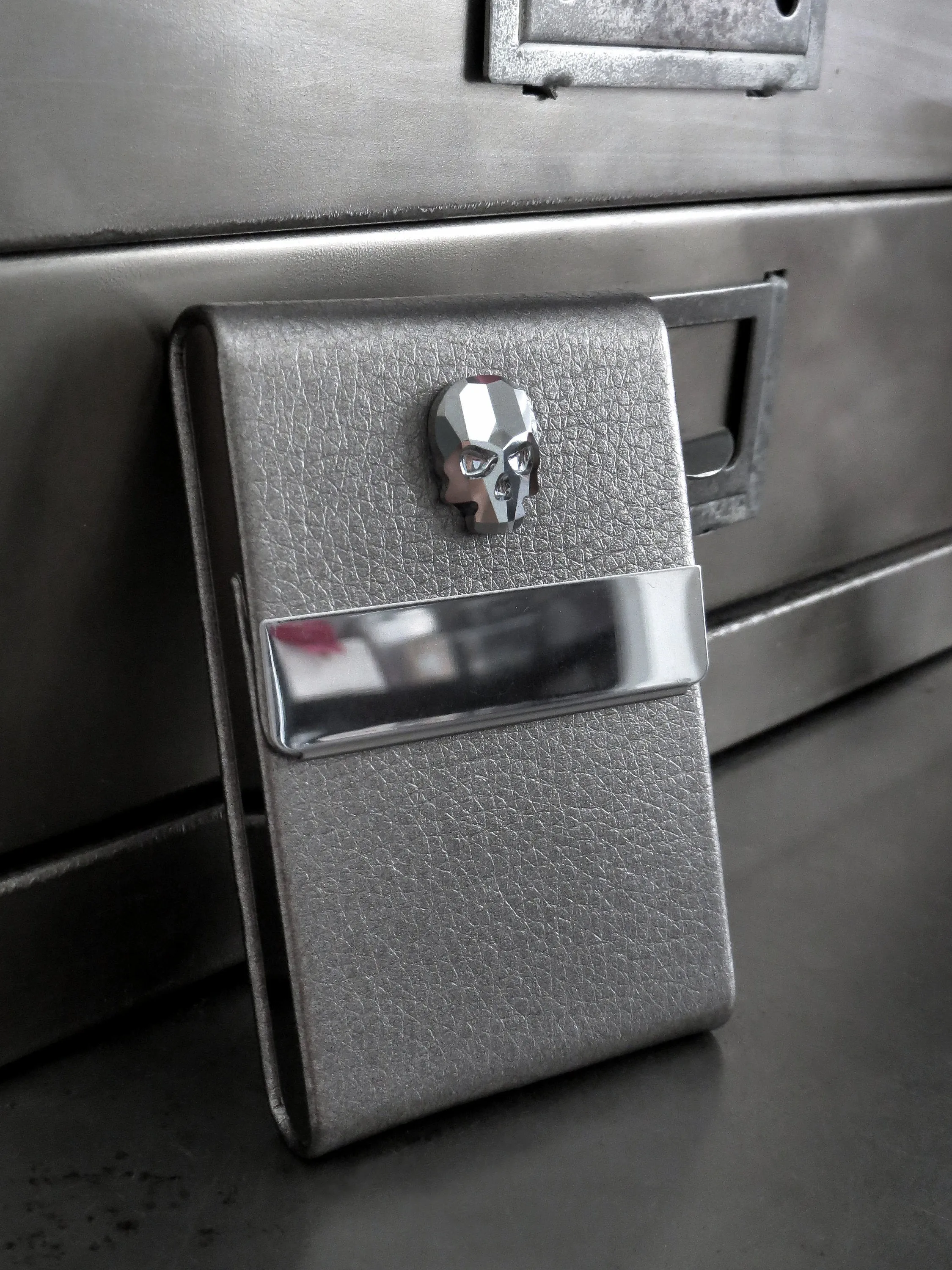 Crystal Skull Business Card Holder - Metallic Silver Vegan Faux Leather