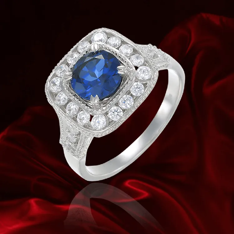 Cushion Set Sapphire Ring with Halo
