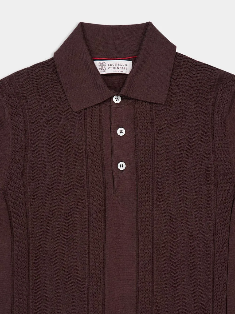Dark Brown Cotton Knit Polo with Jacquard Stripes