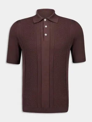 Dark Brown Cotton Knit Polo with Jacquard Stripes