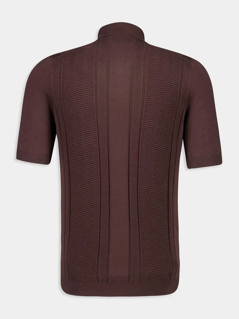 Dark Brown Cotton Knit Polo with Jacquard Stripes
