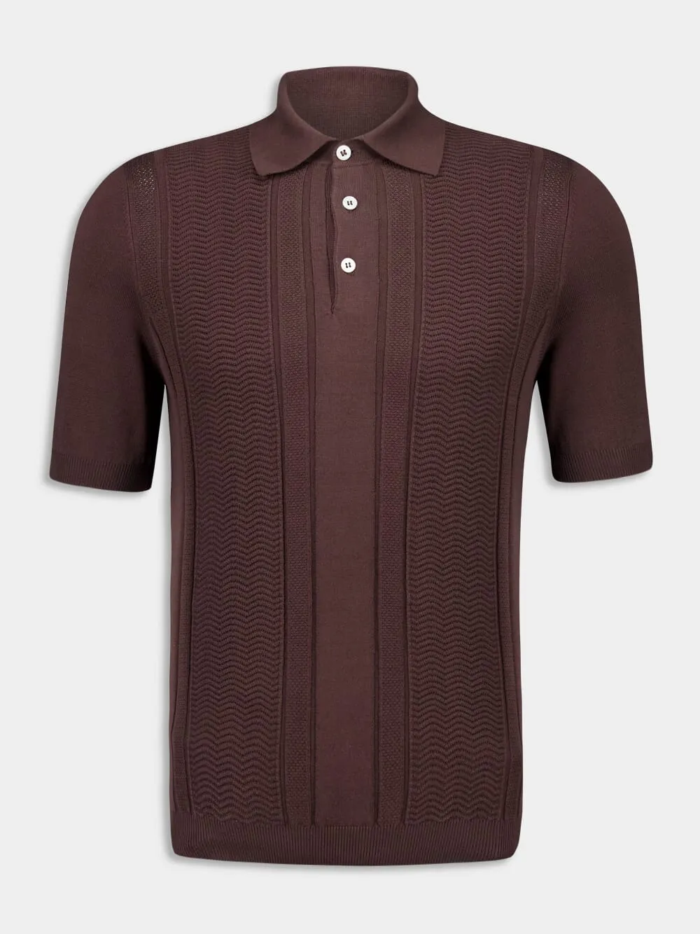 Dark Brown Cotton Knit Polo with Jacquard Stripes