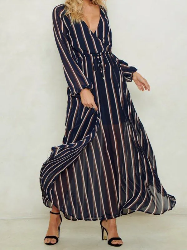 Deep V-neck Long-sleeve Striped Dress