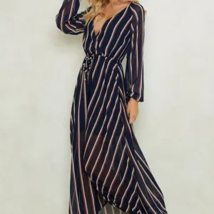 Deep V-neck Long-sleeve Striped Dress