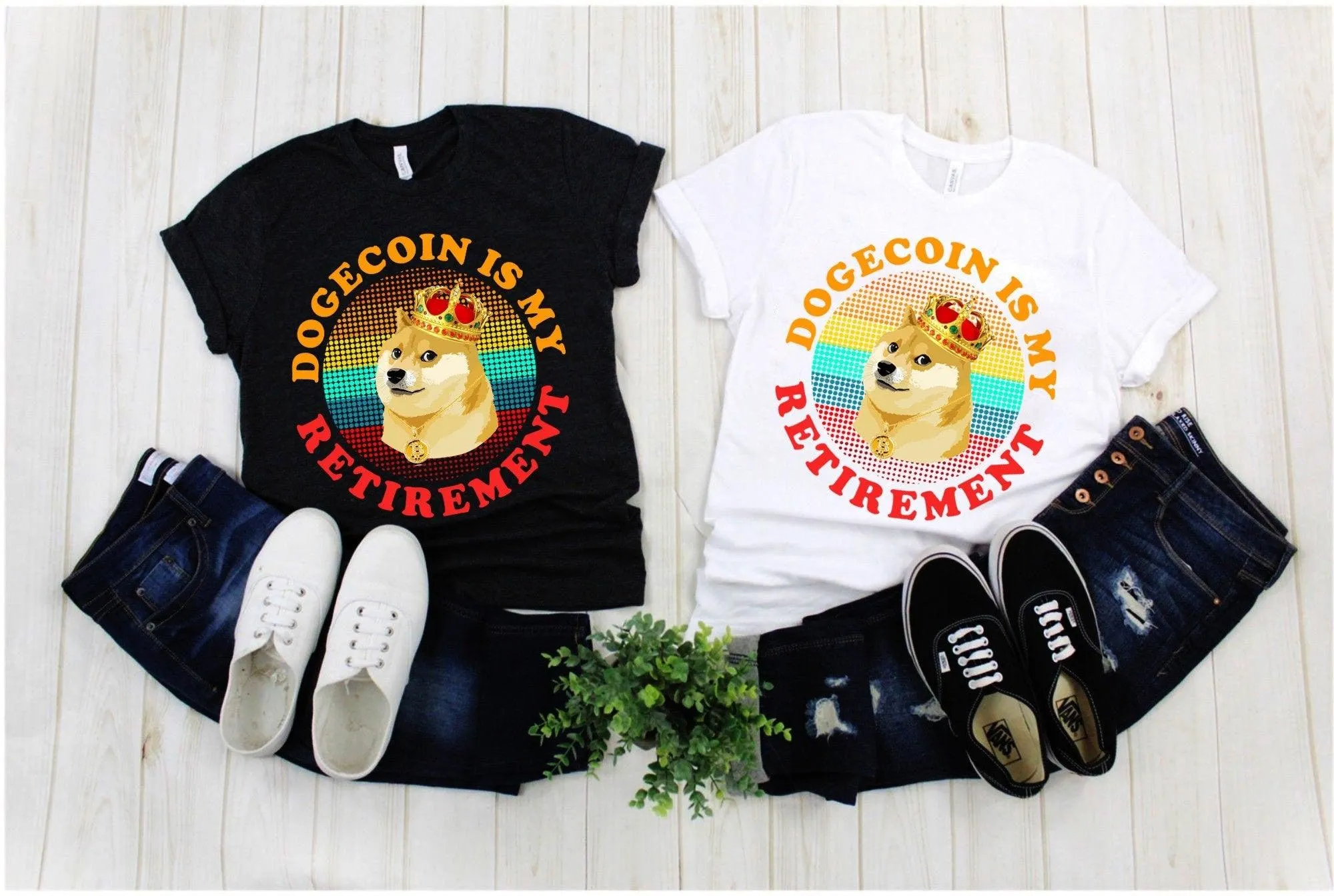 Dogecoin Is My Retirement | 7 Colors Dots | Retro Sunset| Funny Doge Coin Crypto Tee,Memecoin Shiba Inu Dog Cryptocurrency, Dogecoin To Moon