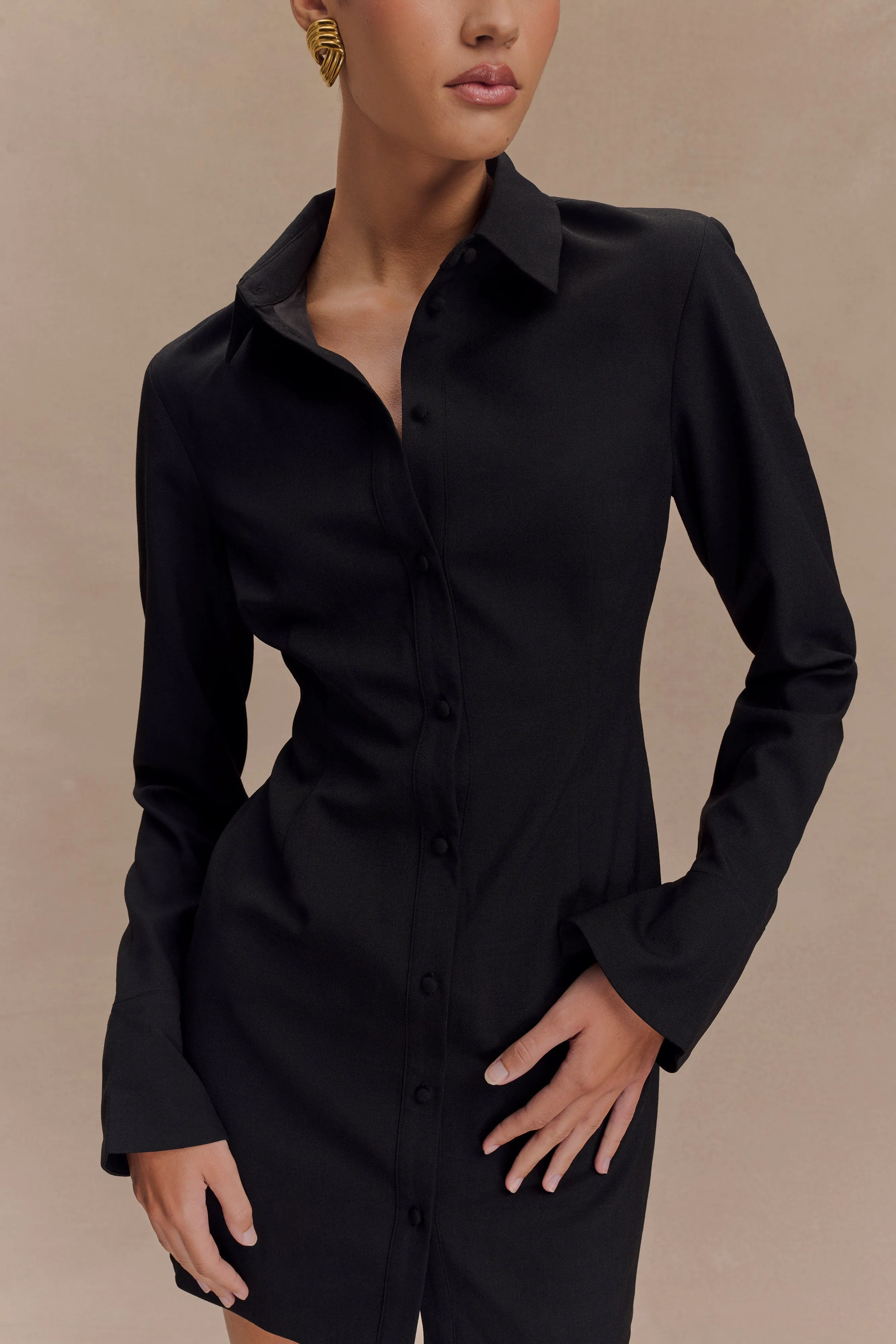 Dorian Fitted Shirt Mini Dress - Black