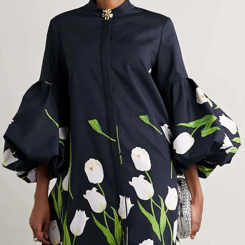 Elegant Floral Printed Stand Collar Shirts Long Dresses