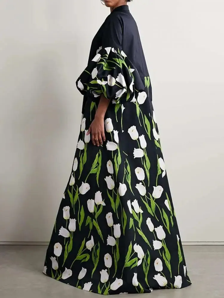 Elegant Floral Printed Stand Collar Shirts Long Dresses