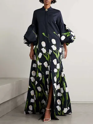 Elegant Floral Printed Stand Collar Shirts Long Dresses