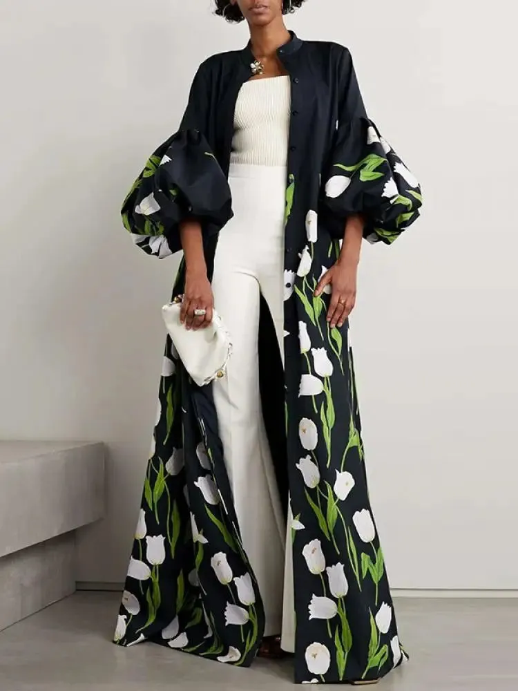 Elegant Floral Printed Stand Collar Shirts Long Dresses