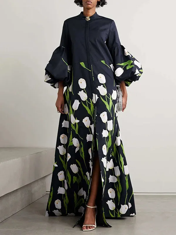 Elegant Floral Printed Stand Collar Shirts Long Dresses