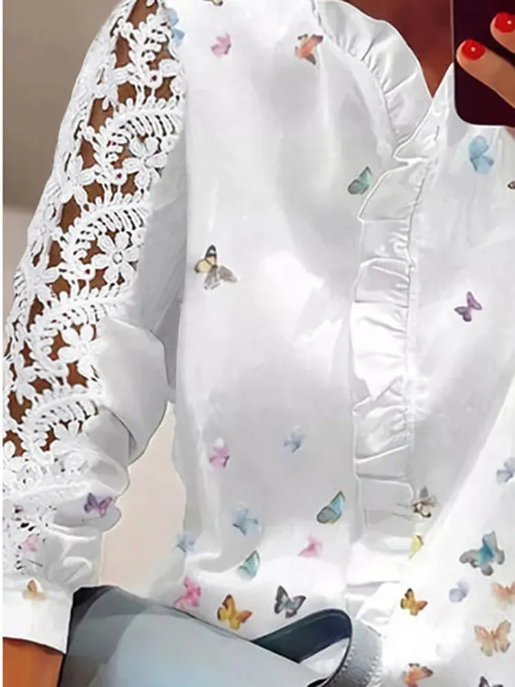 Elegant Long Sleeve Butterfly Print Top