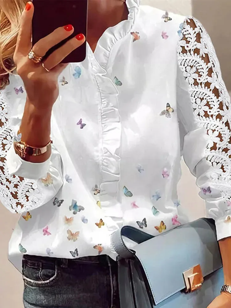 Elegant Long Sleeve Butterfly Print Top