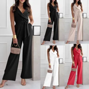 Elegant Office Lady Jumpsuit Tie-Up Sleeveless V-Neck Women's Jumpsuits Streetwear Loose Wide Leg Romper Ladies Overall 2025 New